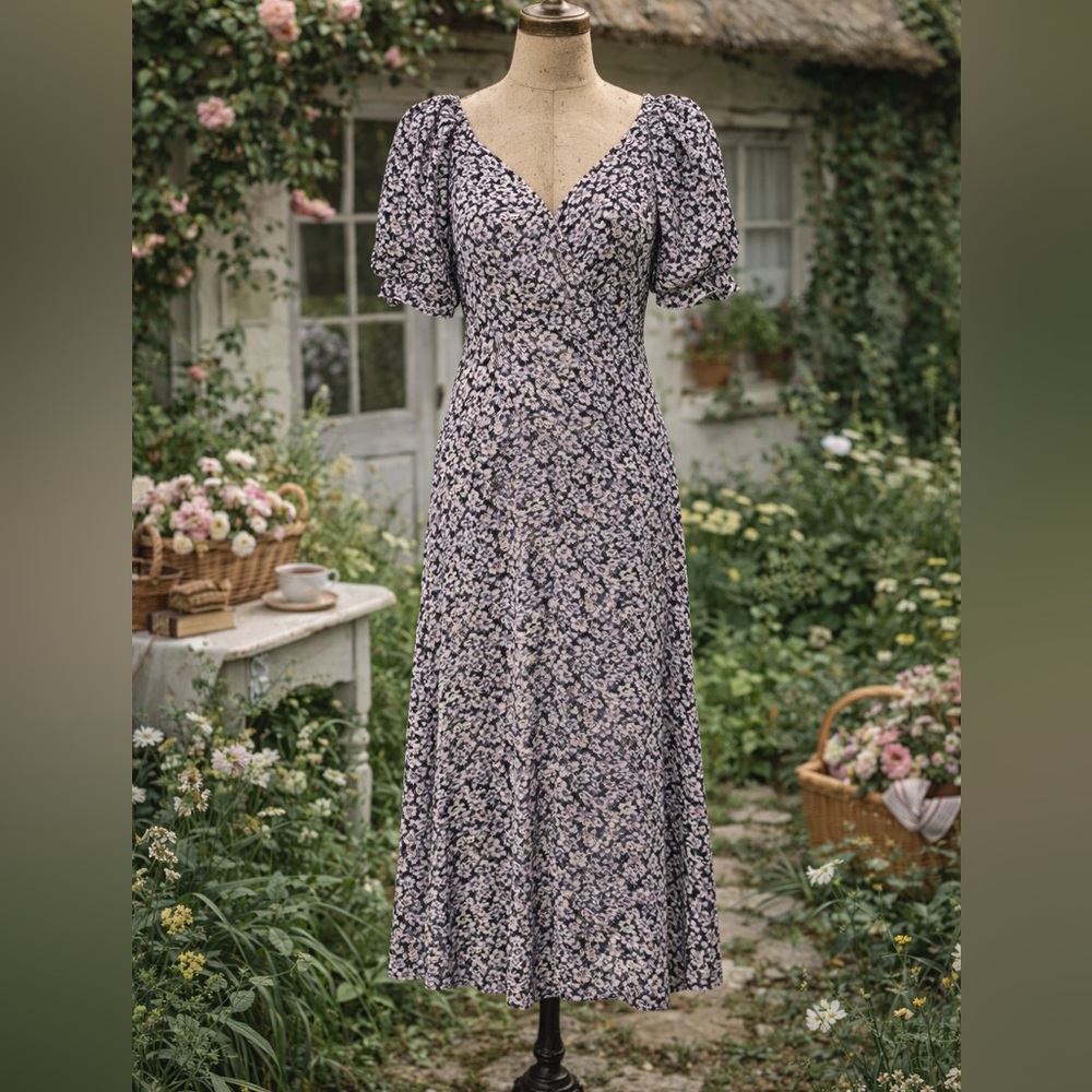 Ba&sh Eden Floral V-Neck Midi, Empire Waist, Wrap Style Dress